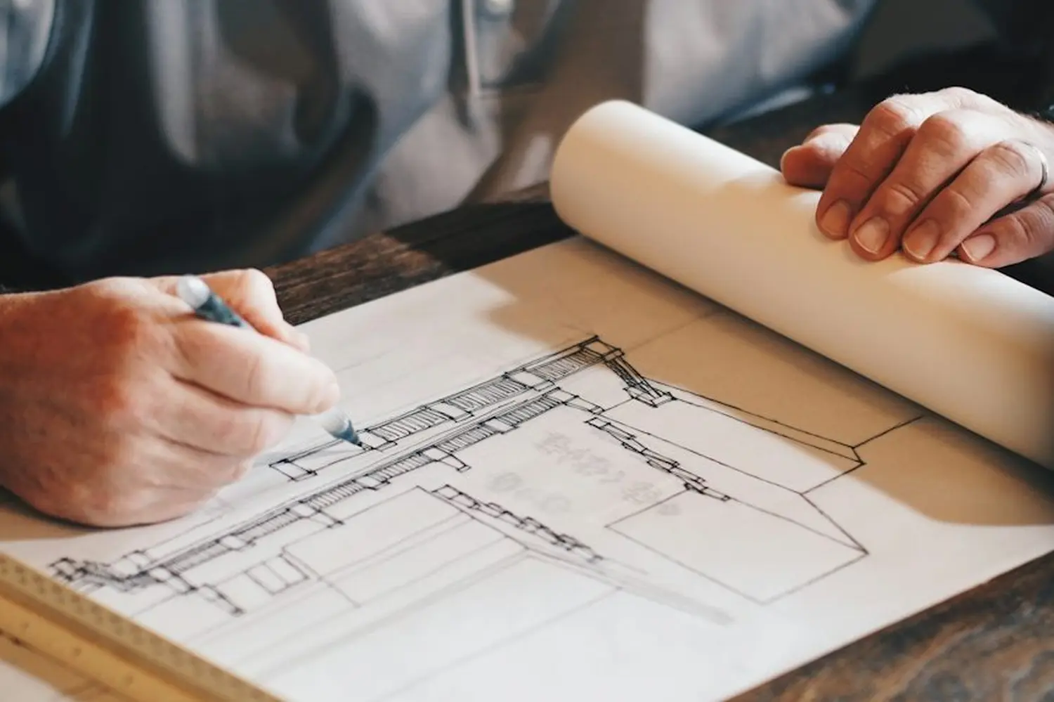VAT Unternehmensgruppe, handgezeichneter architektonischer Gebäudeentwurf